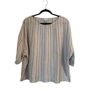 J Jill Cream, 3/4 Sleeve Blouse with Black Kantha Embroidery